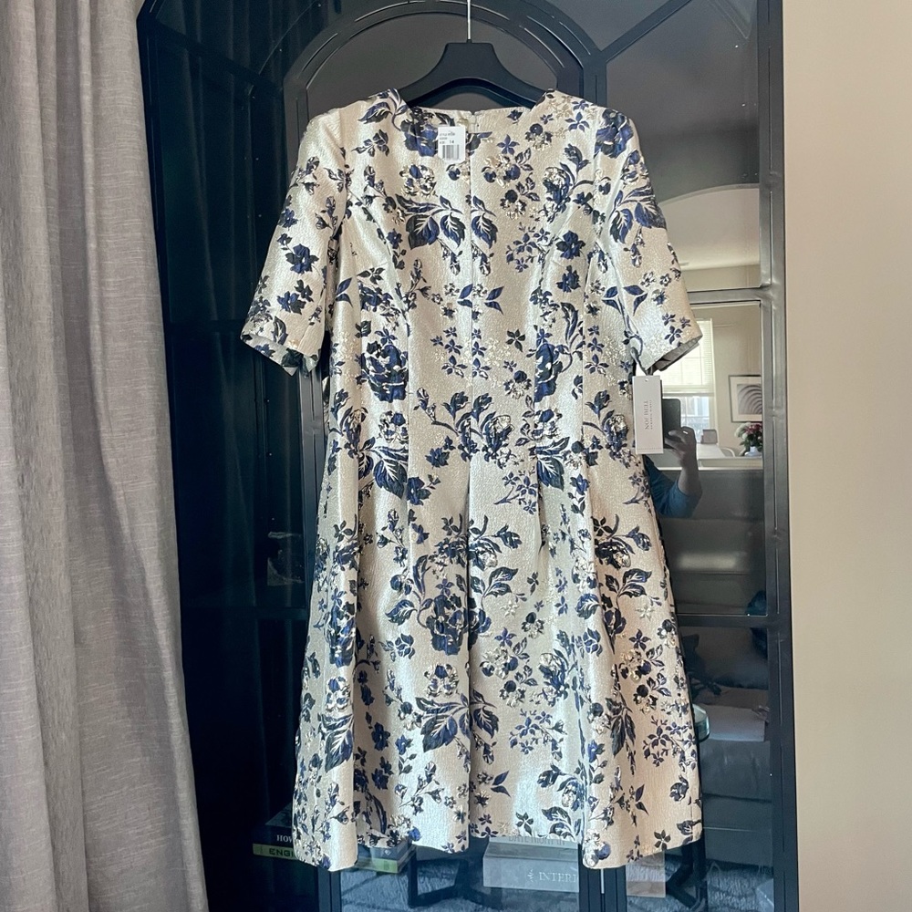 Rickie Freeman for Terri Jon Pleated Floral Jacquard Midi Dress Size 14